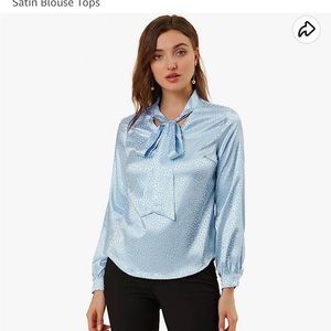 Bow-tie Long Sleeve Blouse - Baby blue Satiny Leopard Print Design NWOT